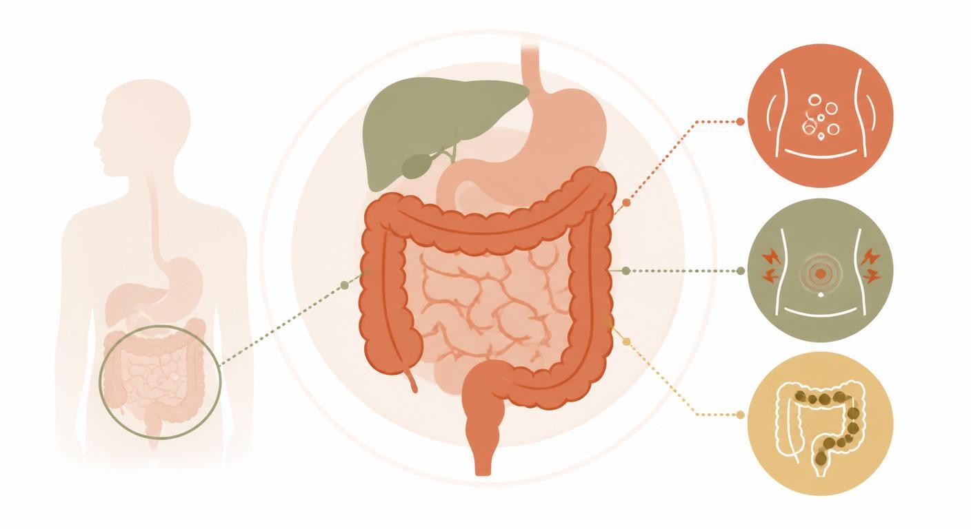 Infographie du système digestif et des symptômes du syndrome de l'intestin irritable