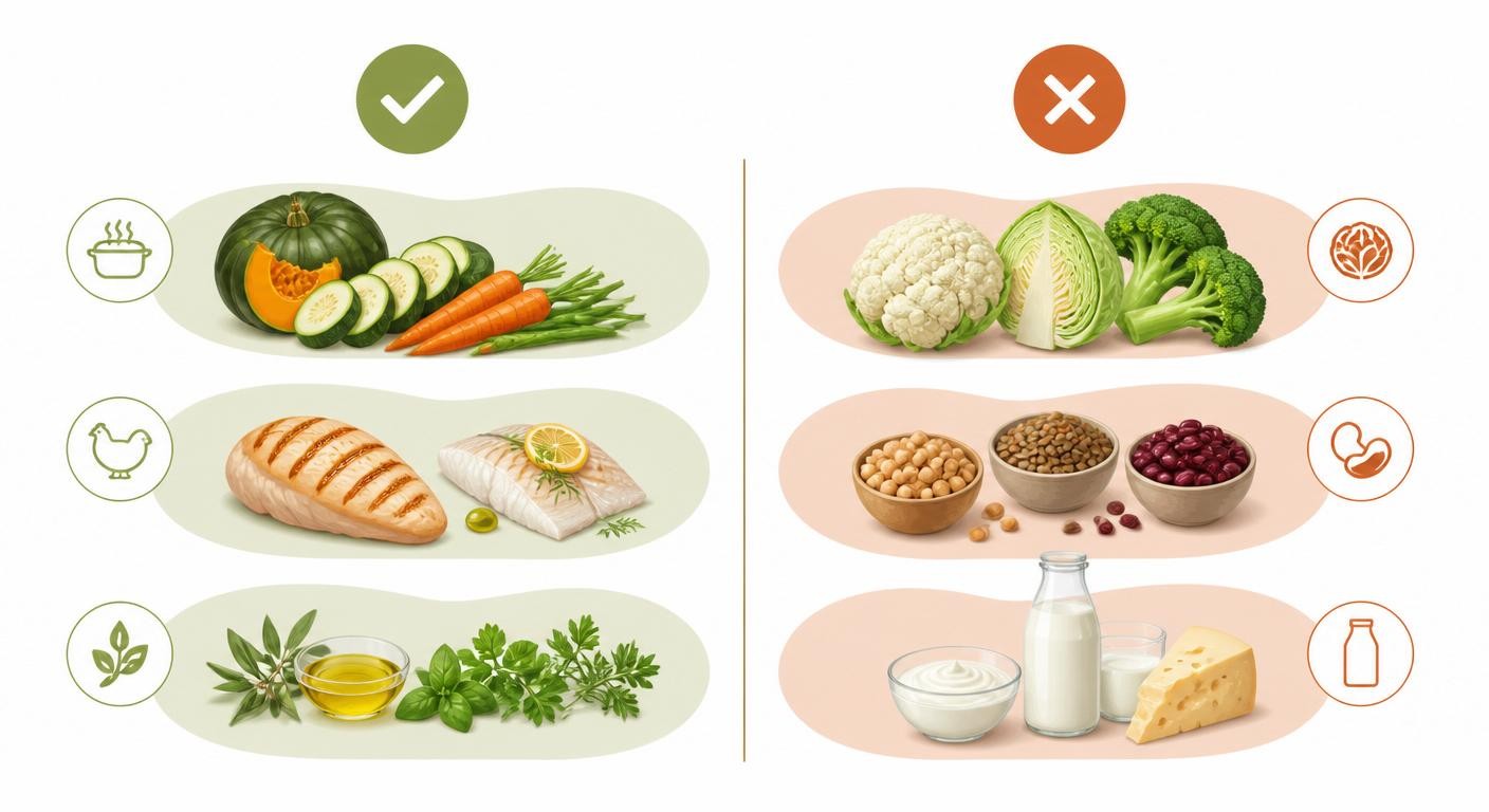 Infographie des aliments à privilégier et à éviter avec un intestin irritable