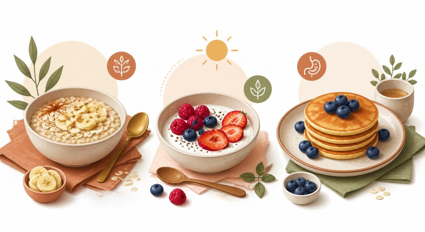 Infographie de trois idées de petit-déjeuner sans FODMAP pour intestin irritable