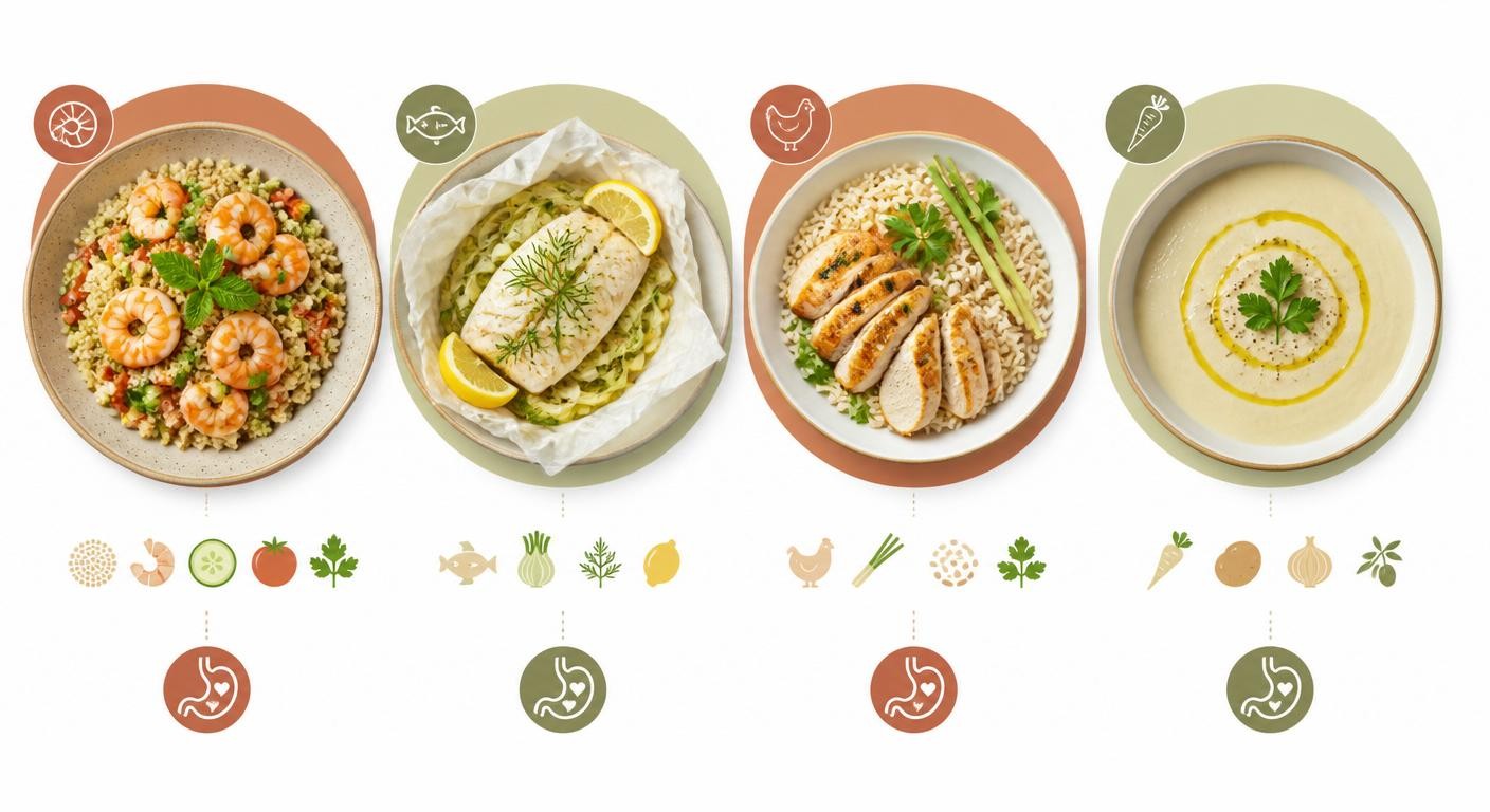 Infographie de quatre recettes de déjeuner et dîner faciles pour intestin irritable