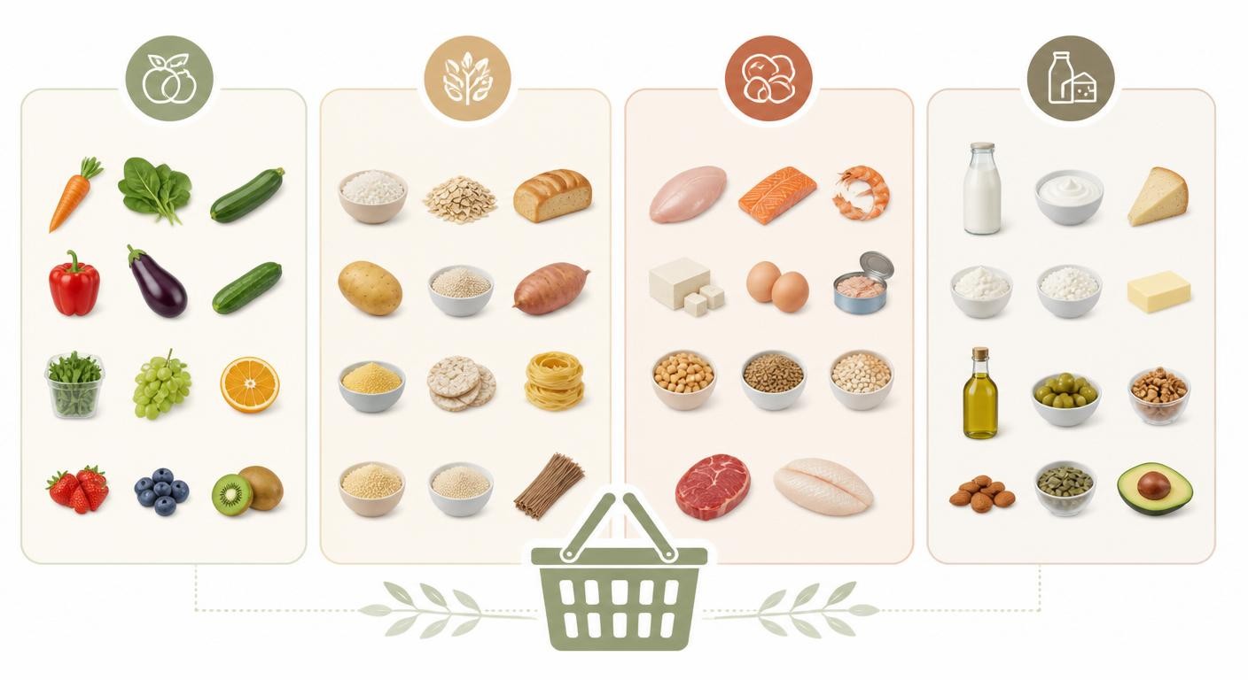 Infographie d'une liste de courses pauvre en FODMAP organisée par rayon
