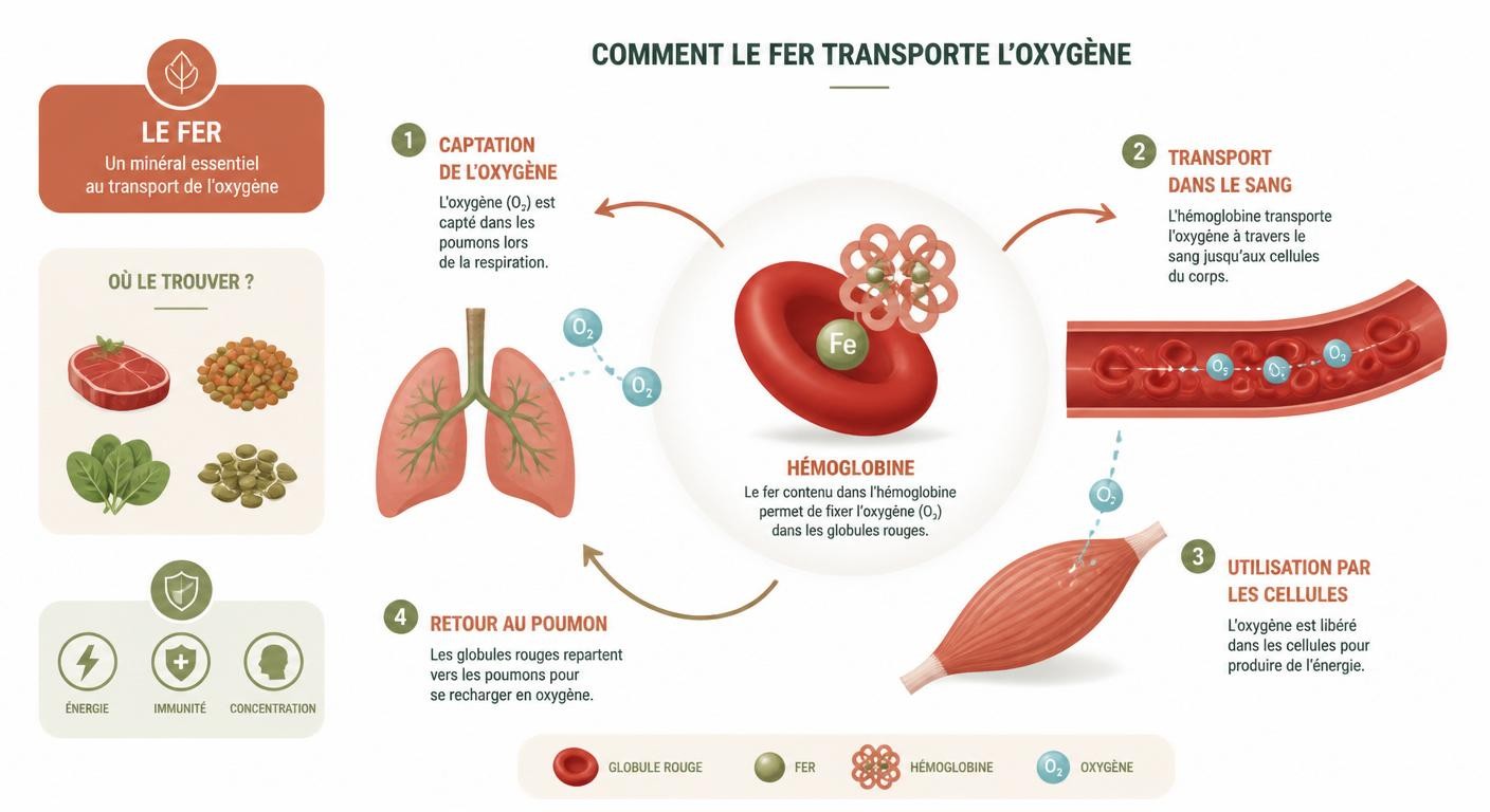 Infographie expliquant le rôle du fer dans le transport de l'oxygène