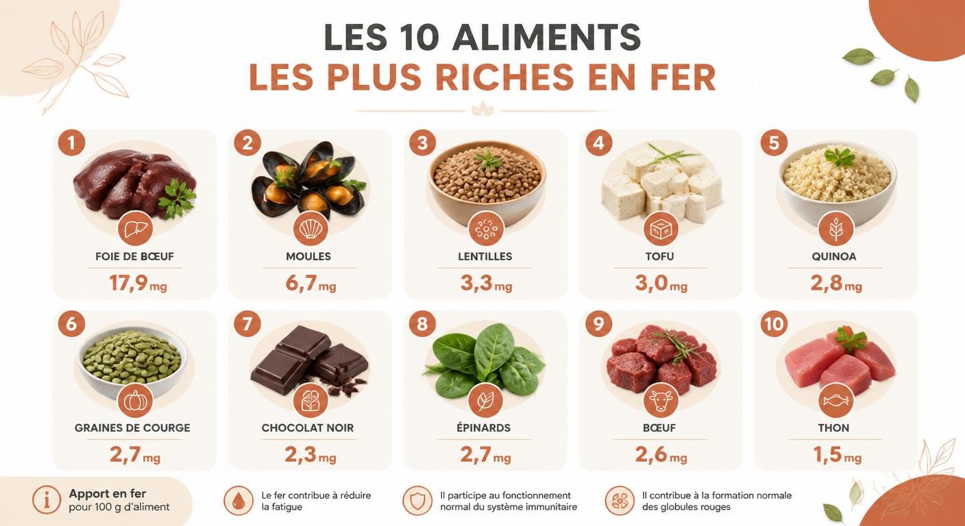 Infographie des dix aliments les plus riches en fer en mg pour 100 g