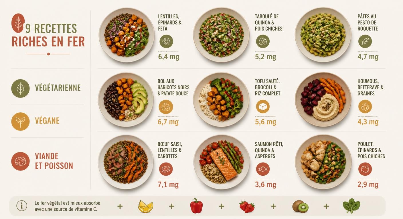 Infographie de neuf recettes riches en fer classées par régime alimentaire