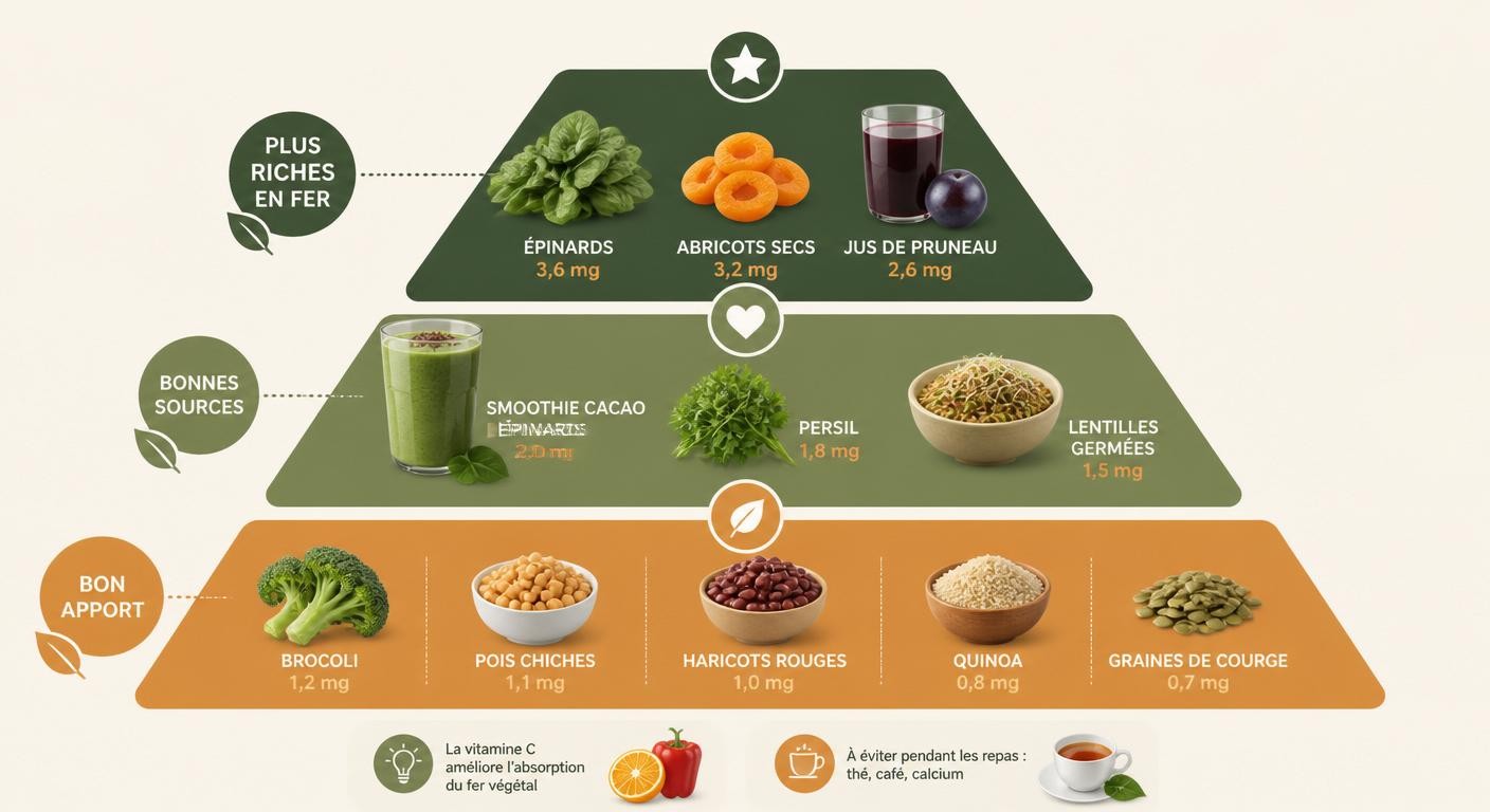 Infographie pyramidale des fruits, légumes et boissons riches en fer