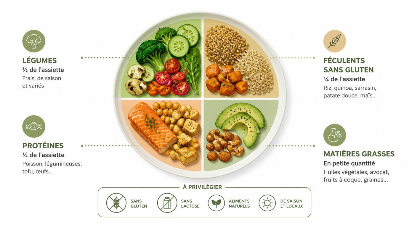 Infographie de l'assiette équilibrée sans gluten et sans lactose