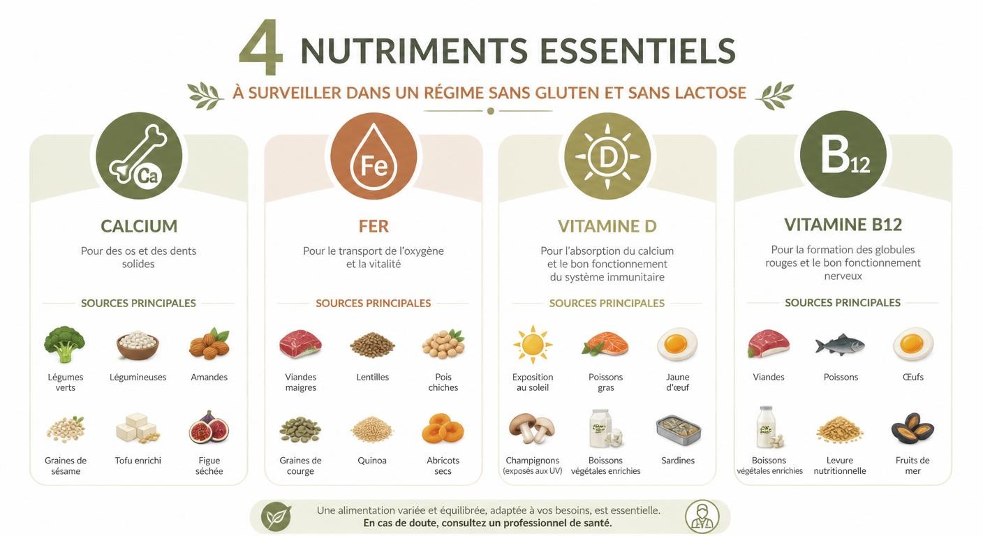Infographie des nutriments à surveiller dans un régime sans gluten et sans lactose