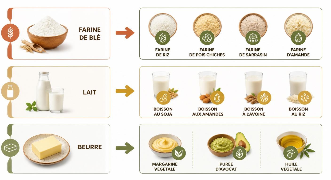 Infographie des substitutions d'ingrédients sans gluten et sans lactose