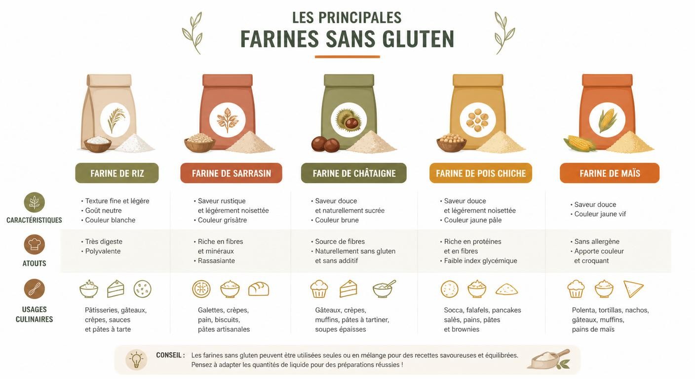 Infographie des farines sans gluten et de leurs usages culinaires