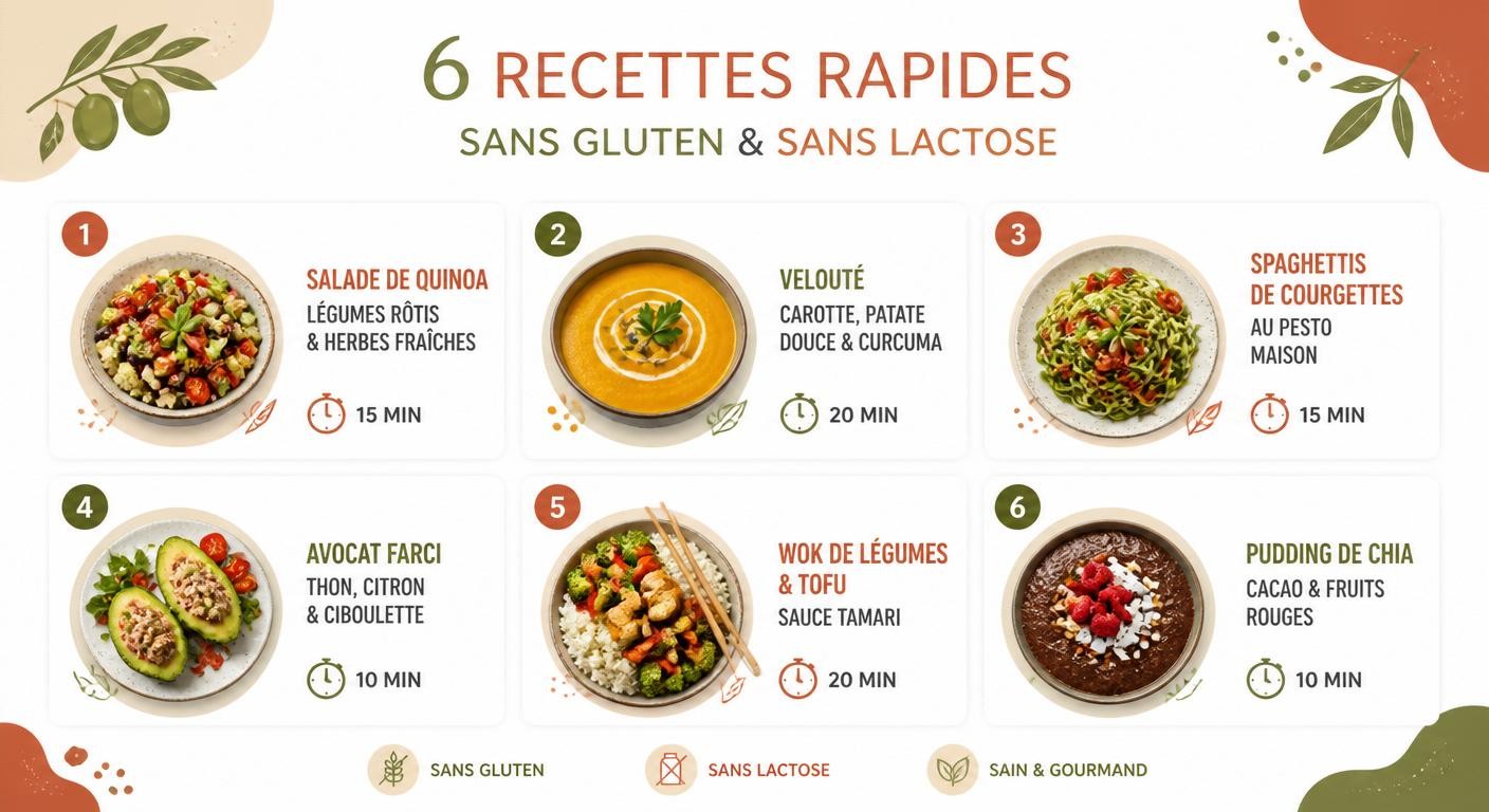 Infographie de six repas rapides sans gluten et sans lactose