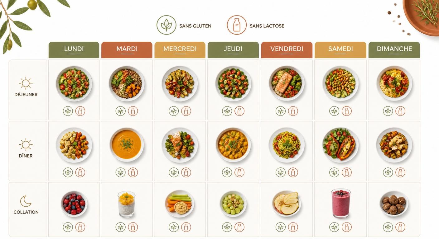 Infographie d'un menu de la semaine sans gluten et sans lactose