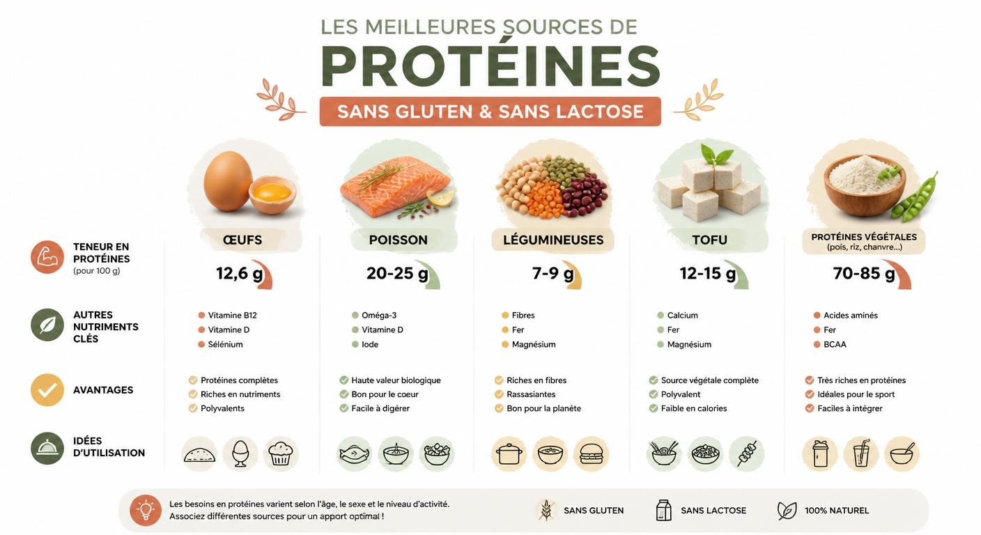 Infographie des sources de protéines sans gluten et sans lactose