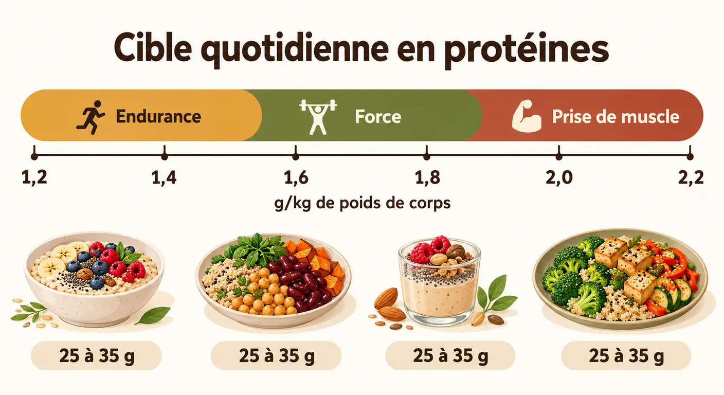 Cible quotidienne en protéines végétales d'un sportif selon sa discipline et répartition sur quatre repas