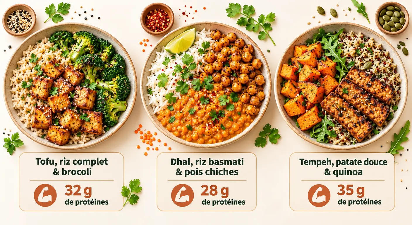 Trois assiettes véganes complètes pour sportifs avec leur apport en protéines
