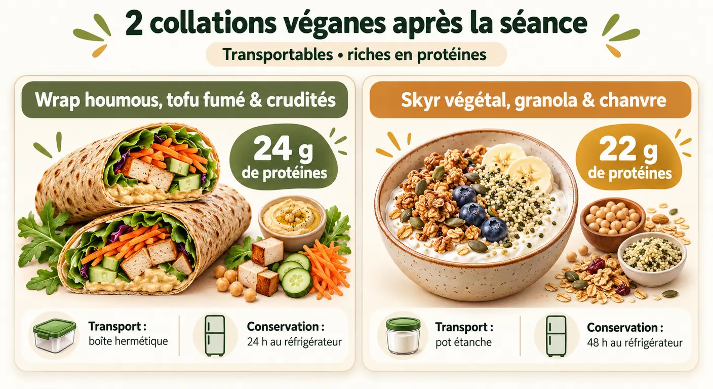 Deux collations véganes d'après-séance à emporter, avec protéines, transport et conservation