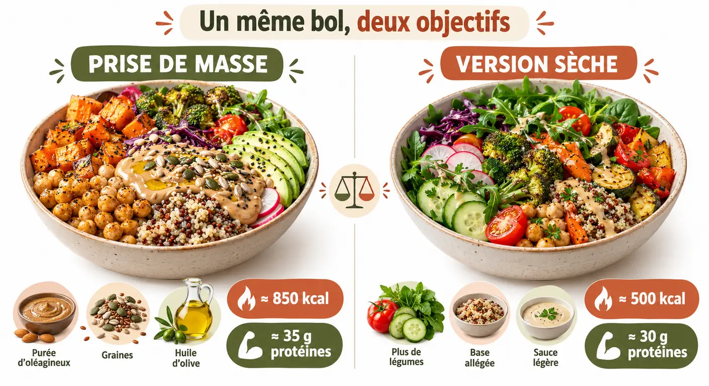 Un même bol végane calibré pour la prise de masse puis pour la sèche, avec calories et protéines estimées