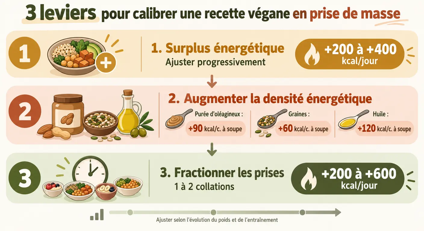 Trois leviers pour calibrer une recette végane en prise de masse : surplus, densité et fréquence