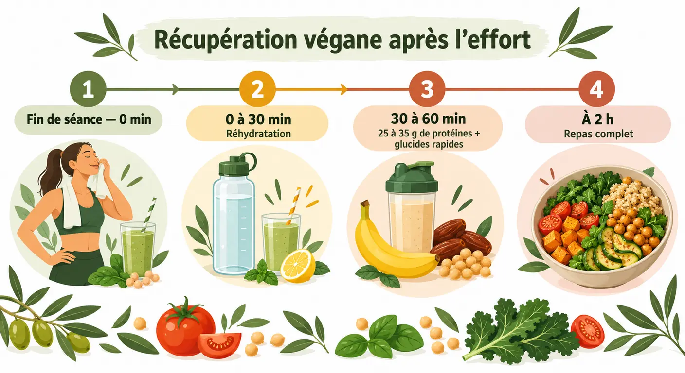 Chronologie de la récupération végane après une séance, de la réhydratation au repas complet