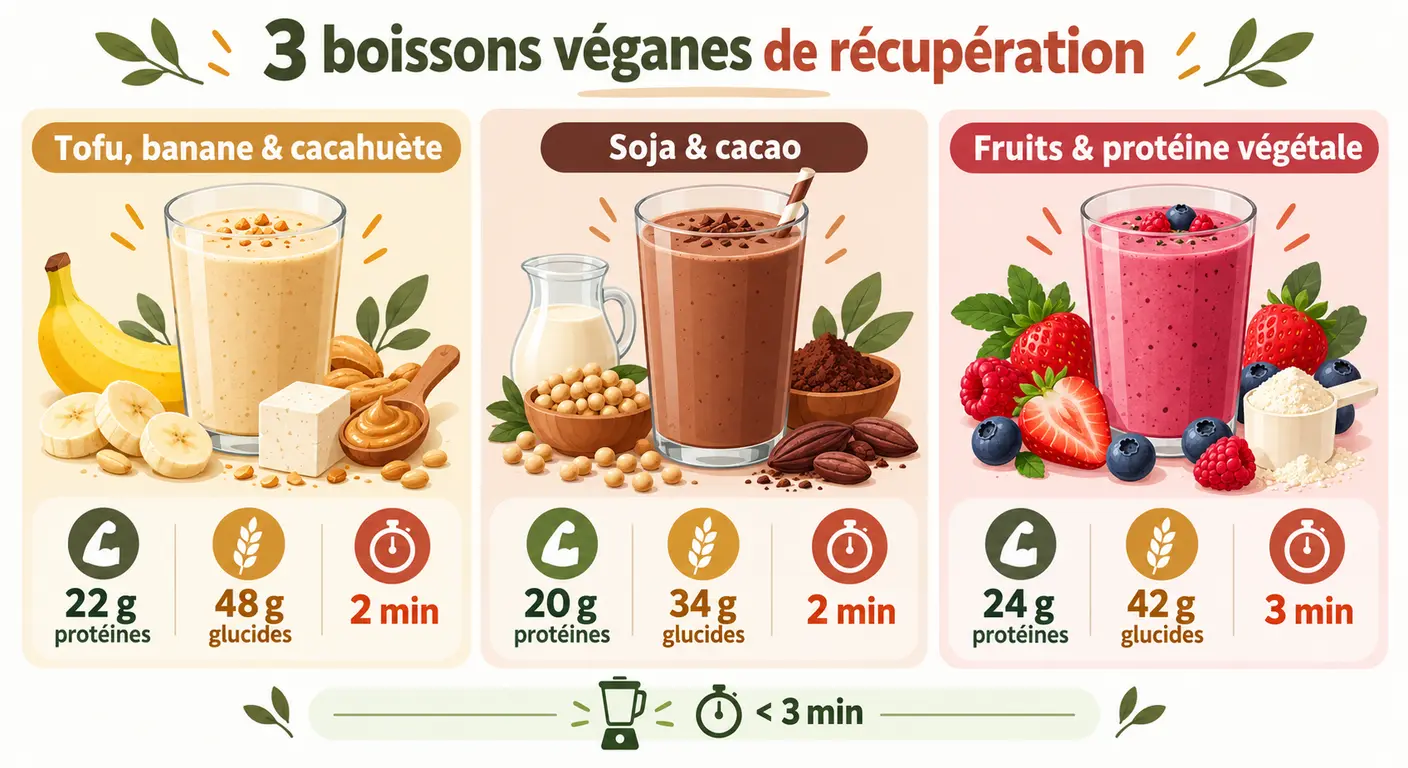 Trois boissons véganes de récupération avec leurs apports estimés en protéines et en glucides