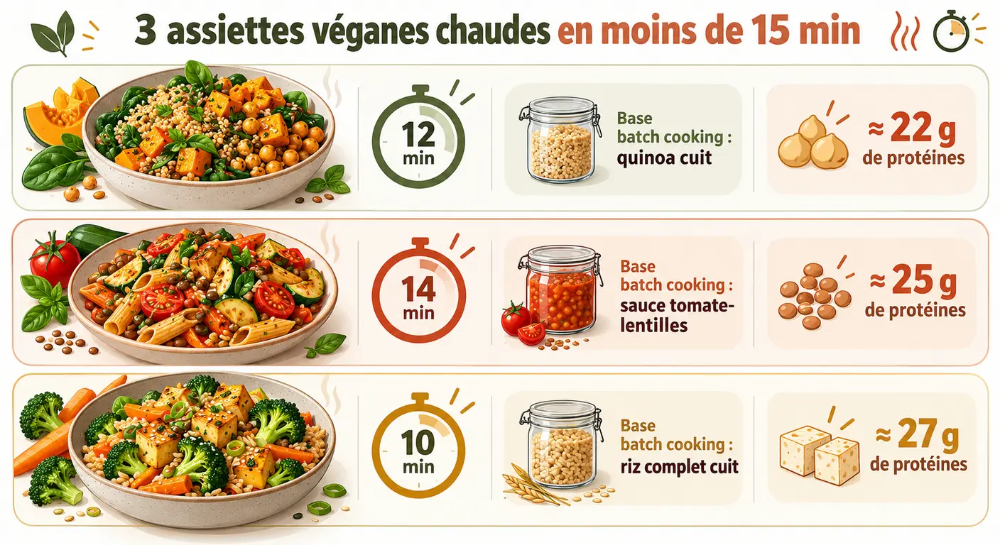 Trois assiettes véganes chaudes prêtes en moins de quinze minutes avec leur apport protéique