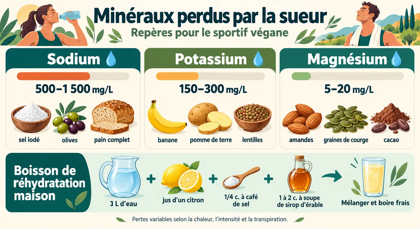 Sodium, potassium et magnésium perdus à la sueur, sources véganes et boisson de réhydratation simple