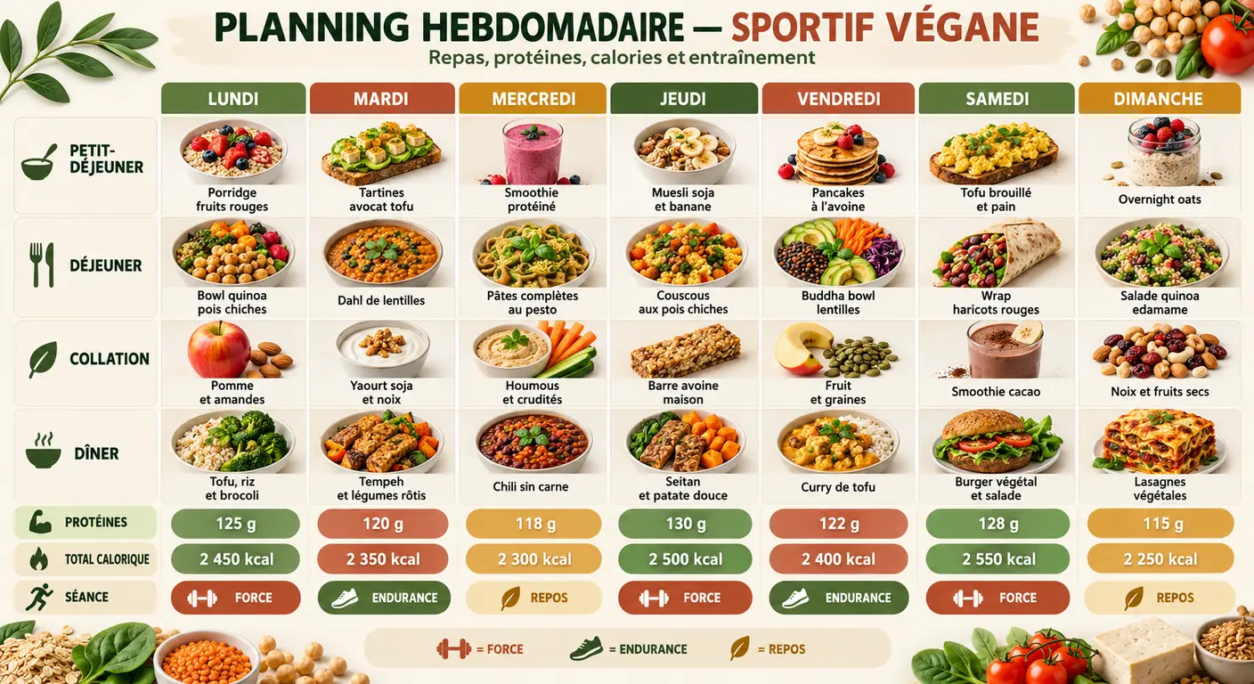Semaine type de repas véganes pour sportif avec protéines et calories par jour et type de séance
