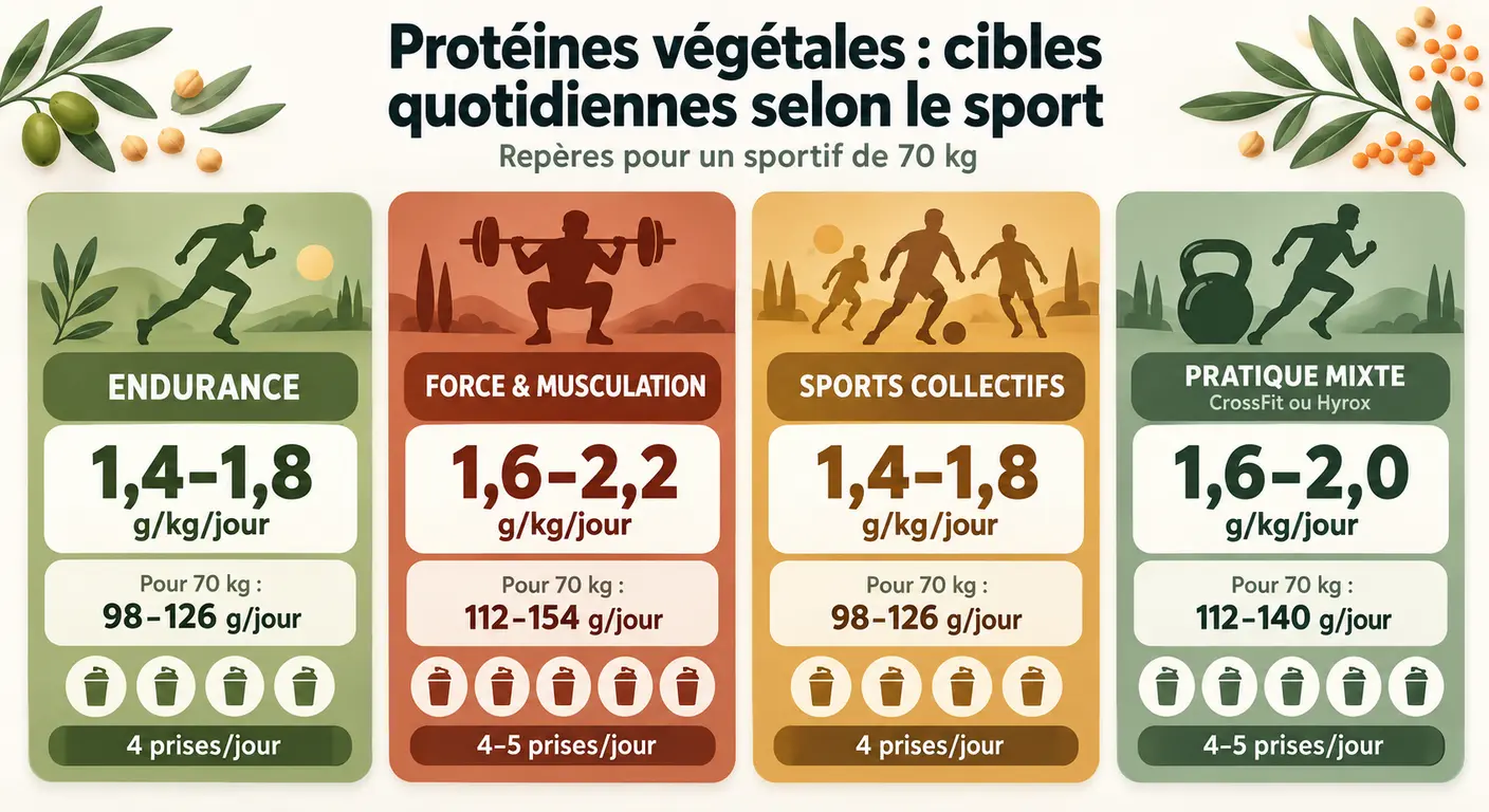 Cibles protéiques quotidiennes selon la discipline sportive, avec un exemple chiffré pour 70 kg