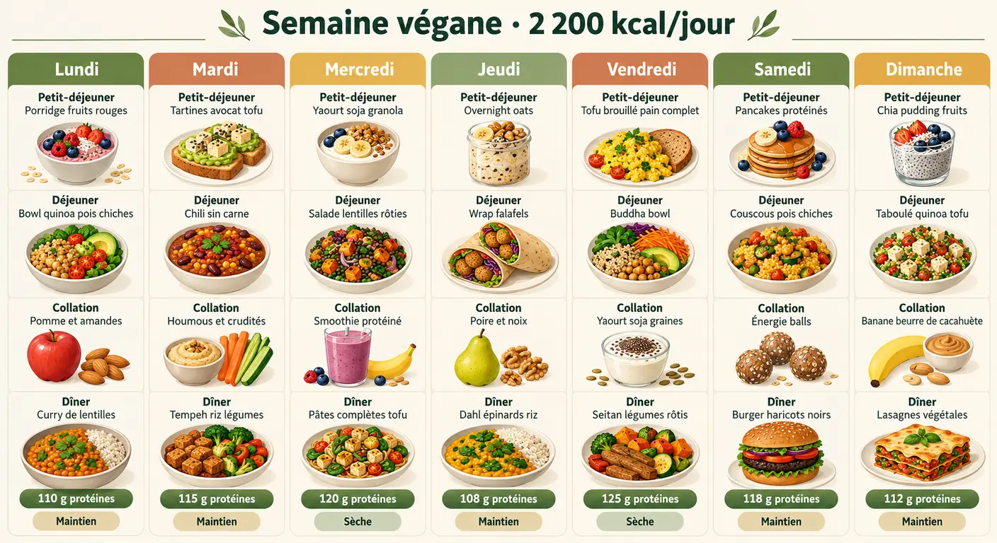 Semaine végane sportive à 2 200 kilocalories avec le total de protéines par jour