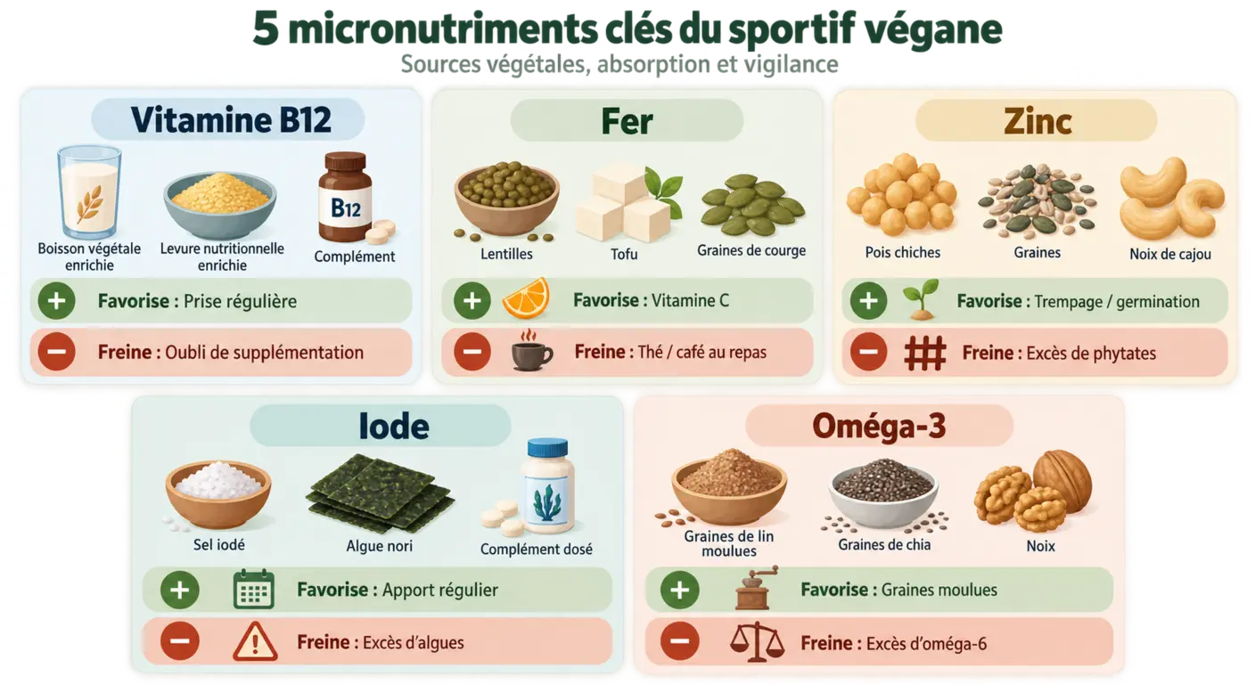Cinq micronutriments à surveiller chez le sportif végane, leurs sources et les facteurs d'absorption