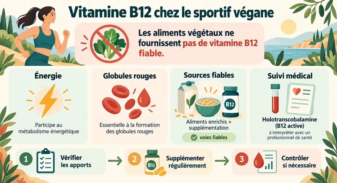 Vitamine B12 chez le sportif végane : rôle, sources fiables et renvoi au suivi médical