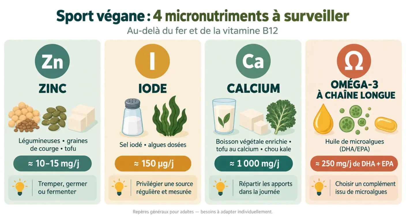 Zinc, iode, calcium et oméga-3 : sources véganes, repères quotidiens et conseils pratiques