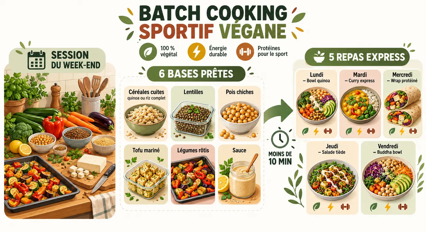 Une session de batch cooking végane produisant six bases puis cinq assemblages rapides en semaine