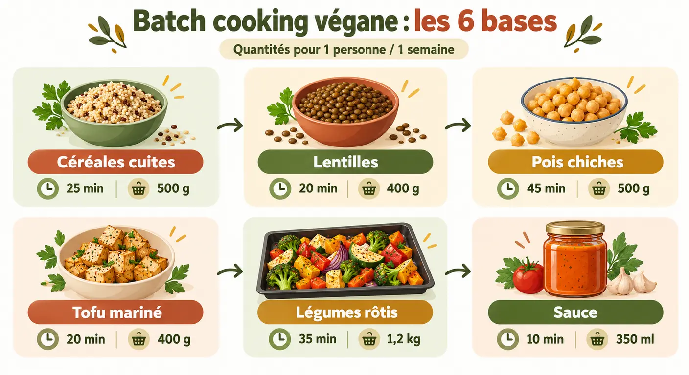 Les six bases véganes à préparer en une session, avec temps de cuisson et quantités hebdomadaires