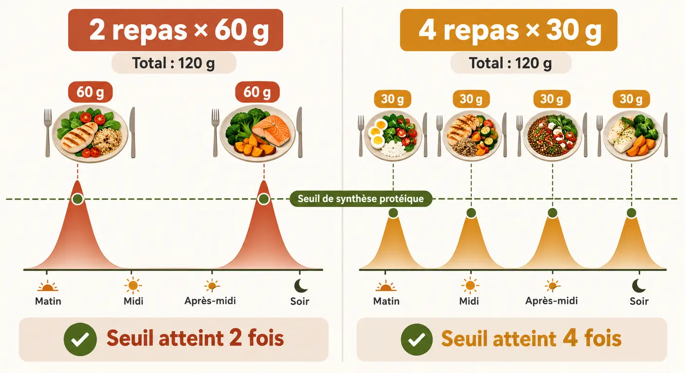 Comparaison de deux journées au même total de protéines réparties sur deux puis sur quatre repas