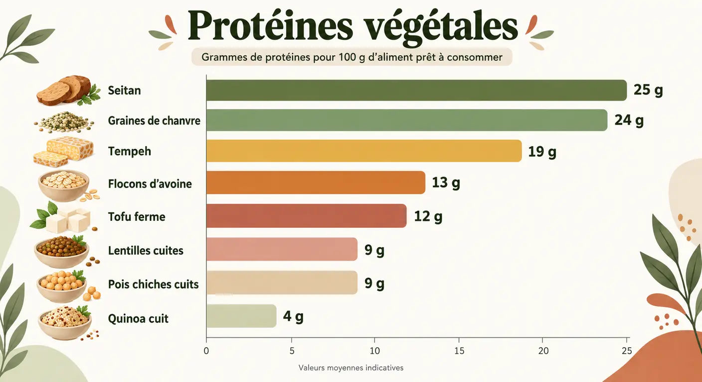 Classement des sources de protéines végétales en grammes pour 100 g d'aliment prêt à consommer