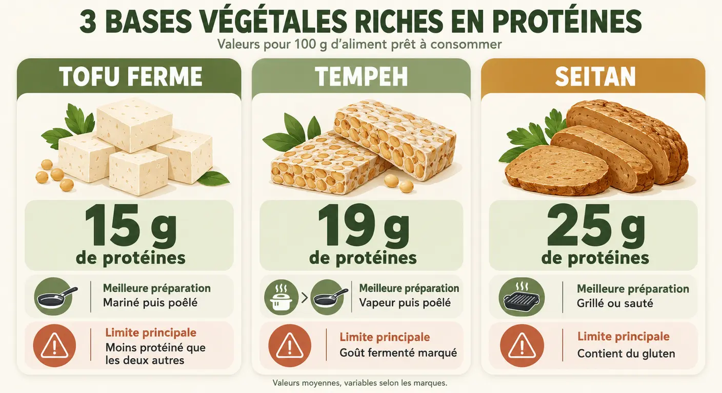 Tofu ferme, tempeh et seitan : densité protéique, préparation et limite de chacun