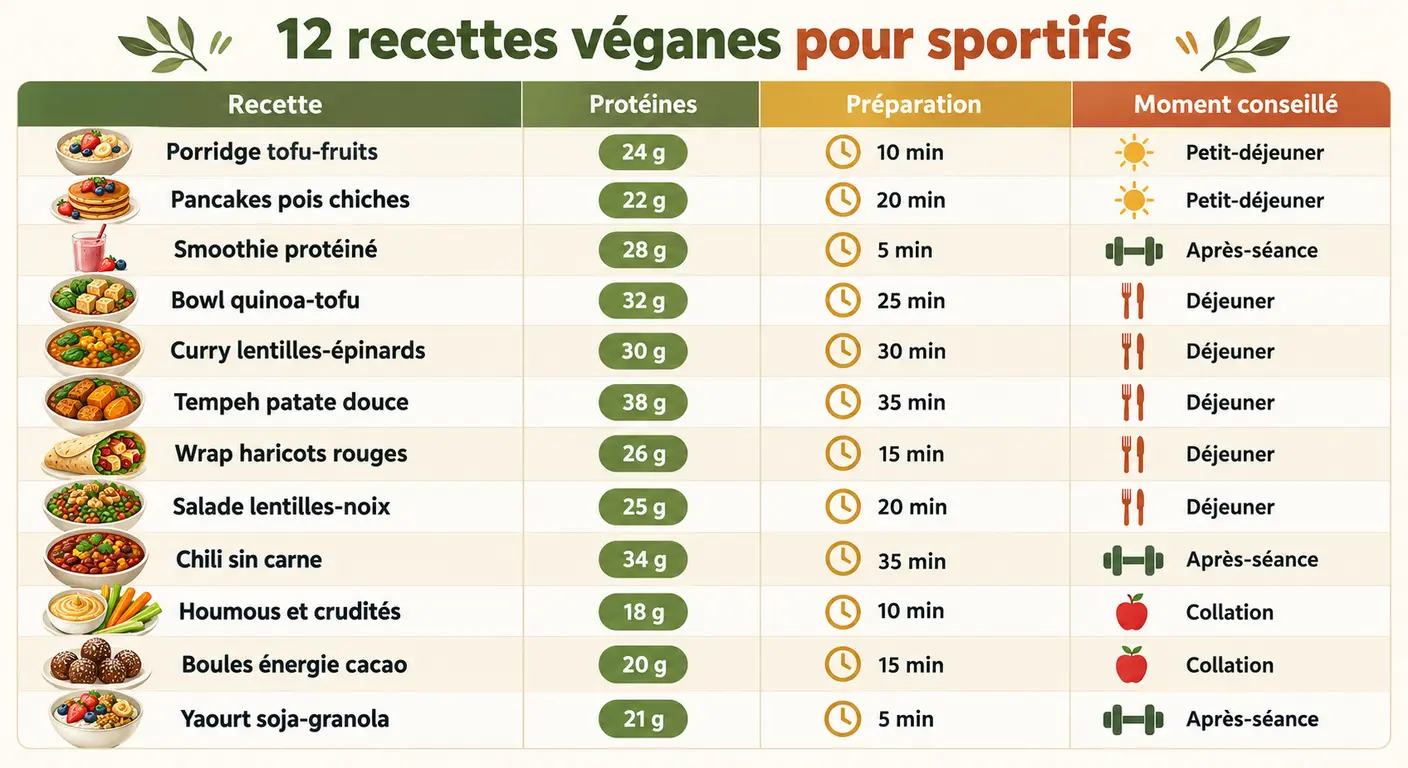 Tableau des douze recettes véganes sportives avec apport en protéines, temps de préparation et moment conseillé