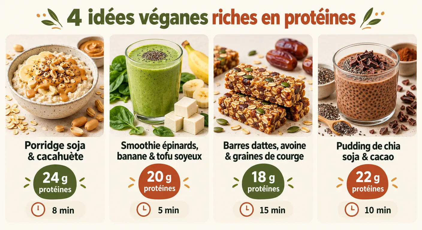 Quatre petits-déjeuners et collations véganes riches en protéines avec leur apport estimé