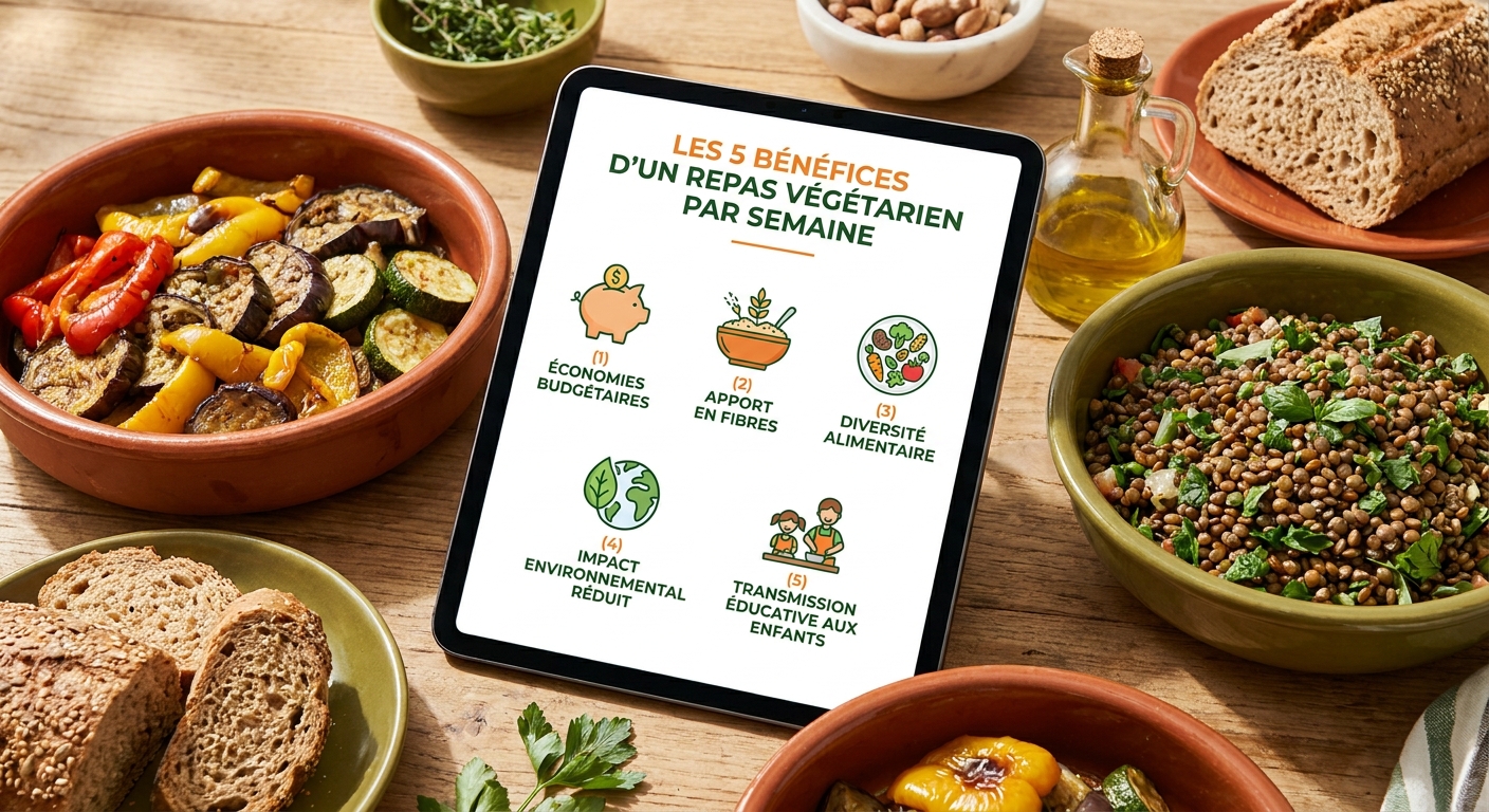 Infographie des 5 bénéfices d'un dîner végétarien hebdomadaire en famille