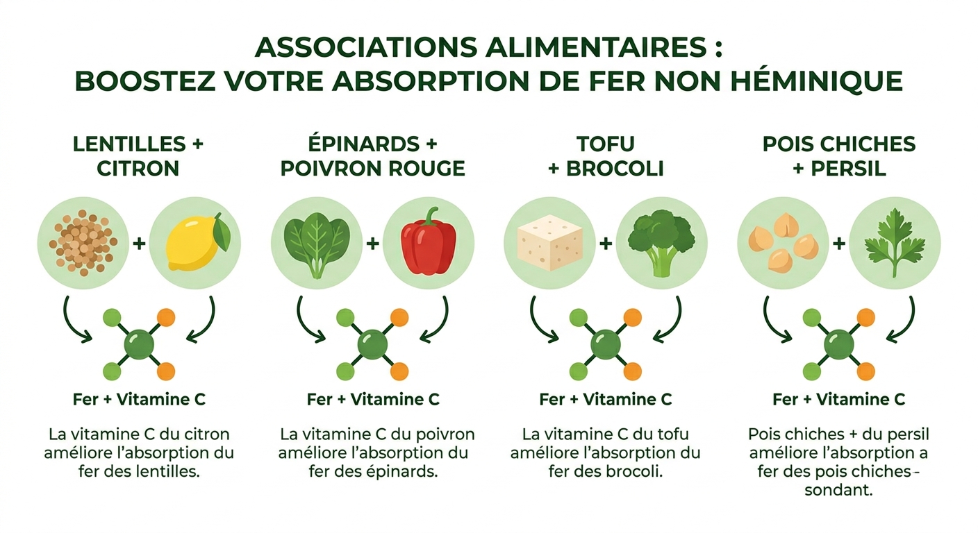 Infographie des associations fer-vitamine C en cuisine végétarienne