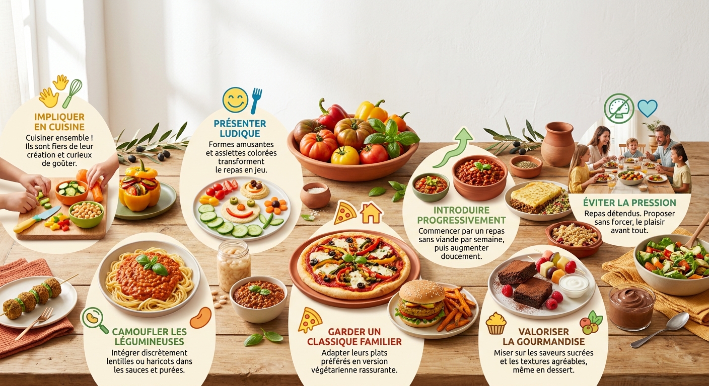Infographie des 7 stratégies pour faire aimer les recettes végétariennes aux enfants