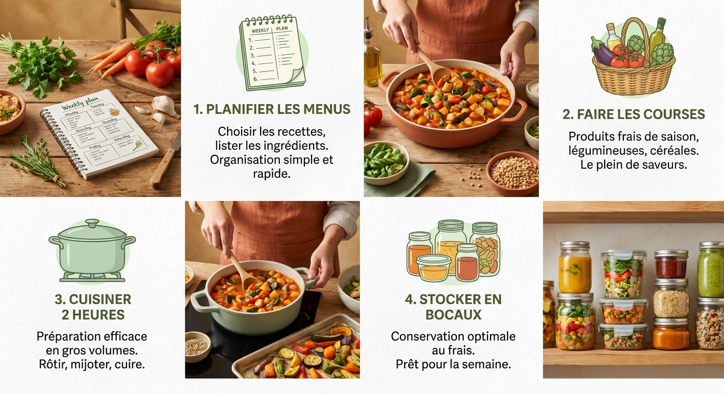 Infographie des 4 étapes du batch cooking végétarien dominical