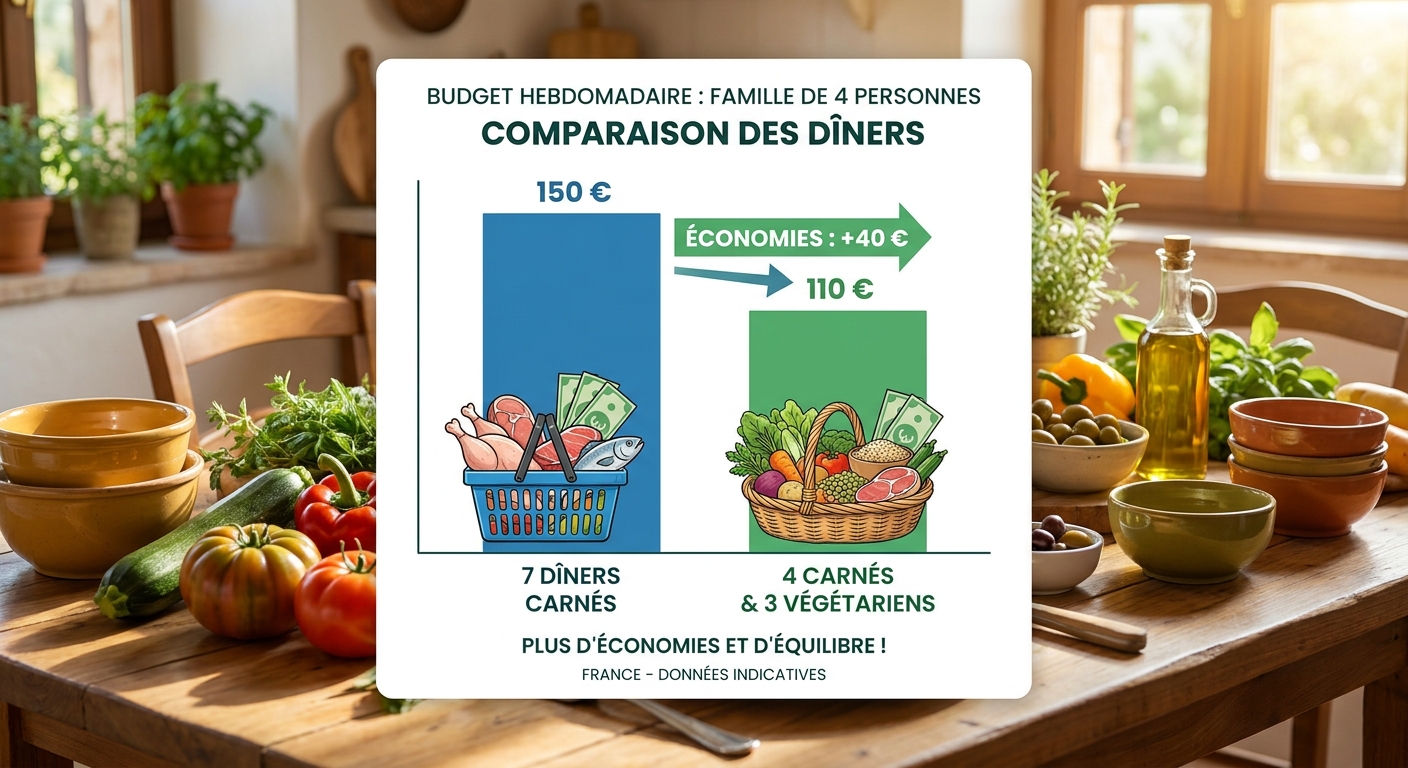 Infographie des économies réalisées avec 3 dîners végétariens par semaine
