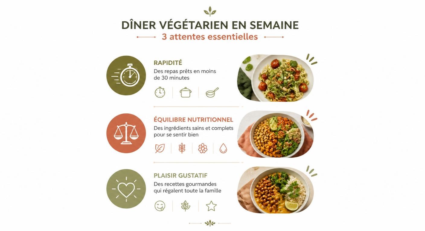 Infographie des trois attentes d'un dîner végétarien rapide en semaine