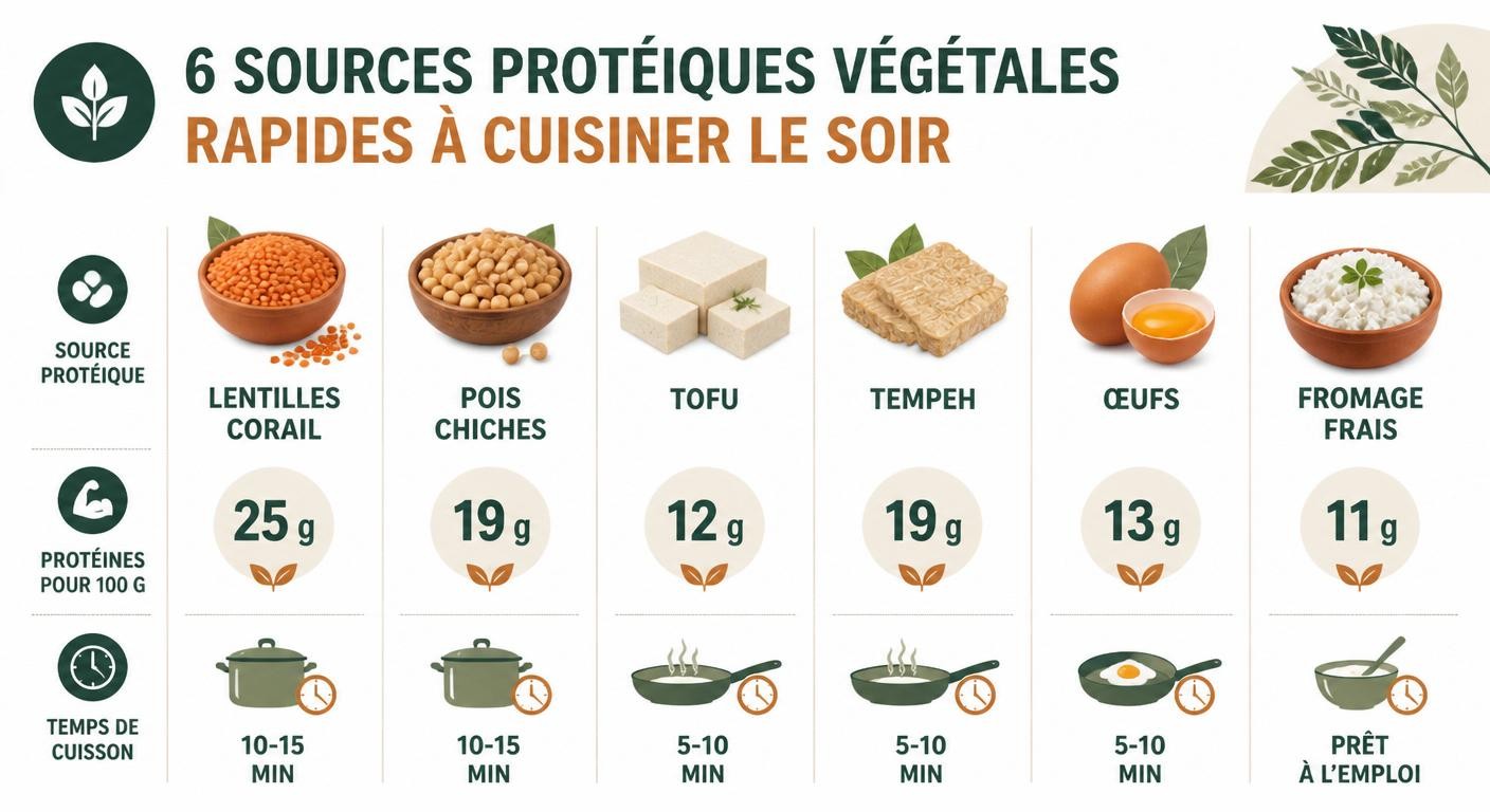 Infographie comparant six sources protéiques végétales rapides pour le dîner