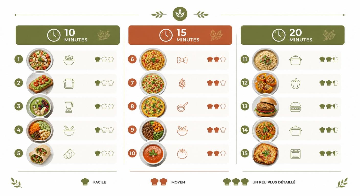Infographie de 15 recettes végétariennes rapides classées par durée