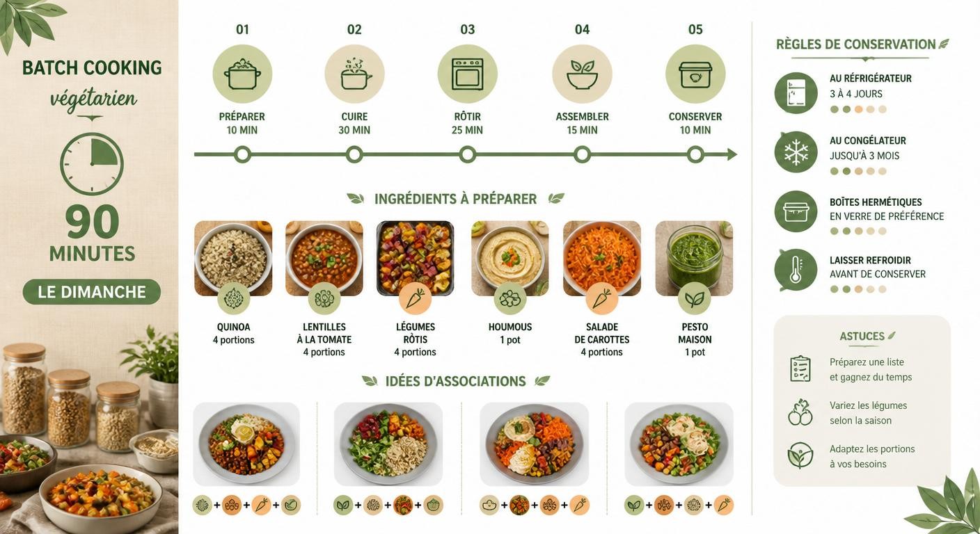 Infographie d'un plan batch cooking végétarien dominical de 90 minutes