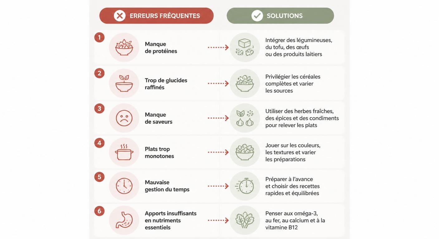Infographie des six erreurs fréquentes dans un dîner végétarien rapide