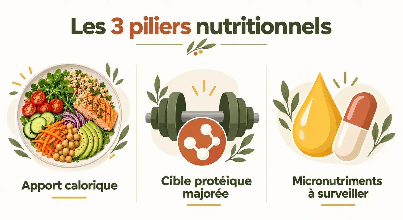 Infographie présentant les trois conditions d'une alimentation végétarienne adaptée à la pratique sportive