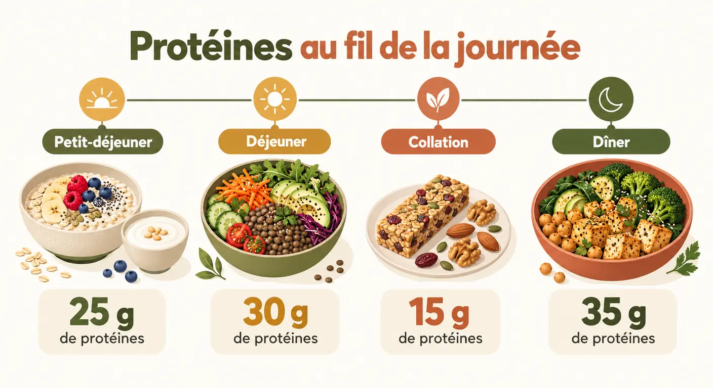 Infographie montrant la répartition de 130 grammes de protéines végétales sur quatre repas de la journée